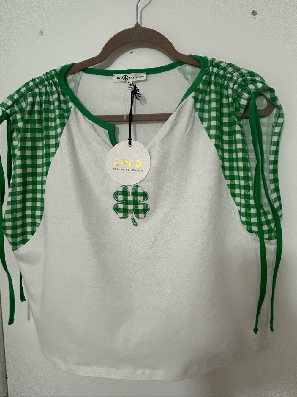 Love Peace & Lazy Days White Sleeveless Top with Green Gingham Accents